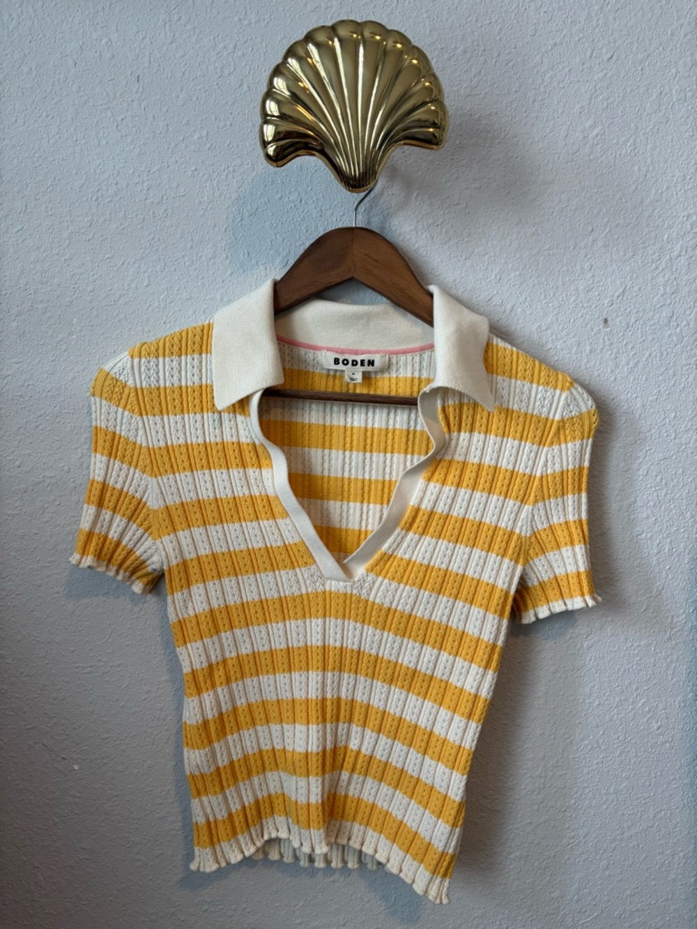 Boden Yellow and White Striped Knit Crop Top